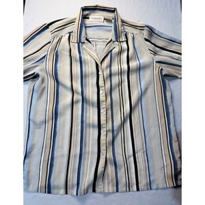 Donnkenny Classics Mens Large Striped Button Down Shirt Blue Tan Short Sleeve